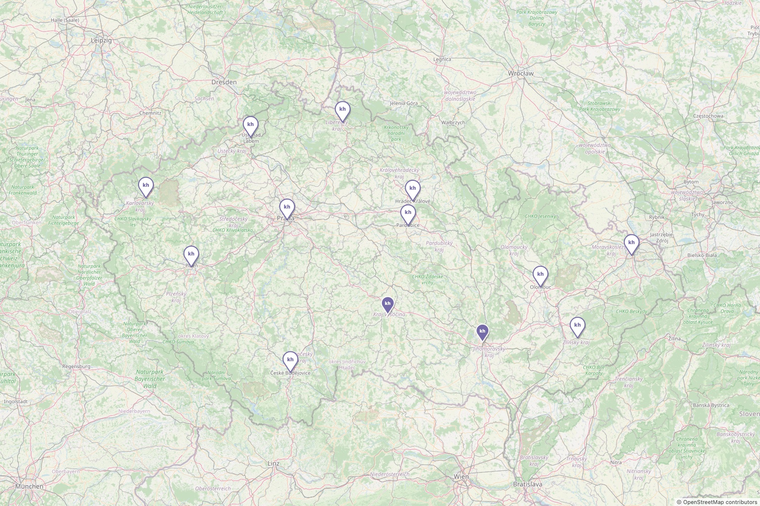 Mapa Česka: studia Kutchenhaus v Jihlavě a Brně, krajská města čekající na partnera