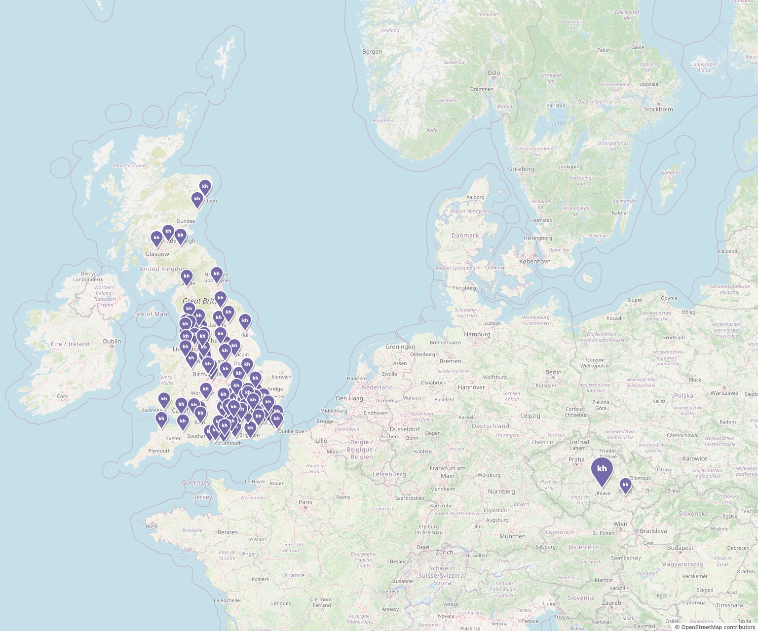 Mapa showroomů Kutchenhaus: přes 80 ve Velké Británii, Jihlava a Brno v Česku